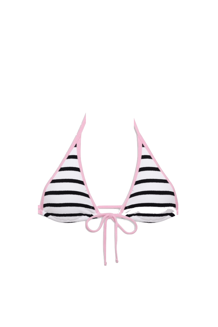 A black and white striped women's bathing suit top with a light pink trim.