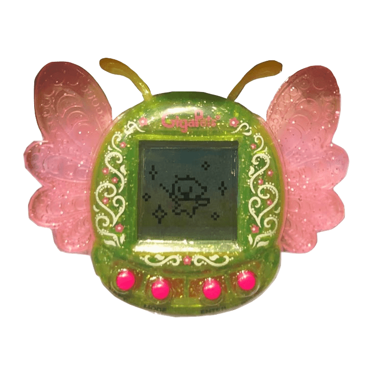 Green tamagotchi toy with hot pink buttons and pink wings on each side that inverts in color when hovered over.