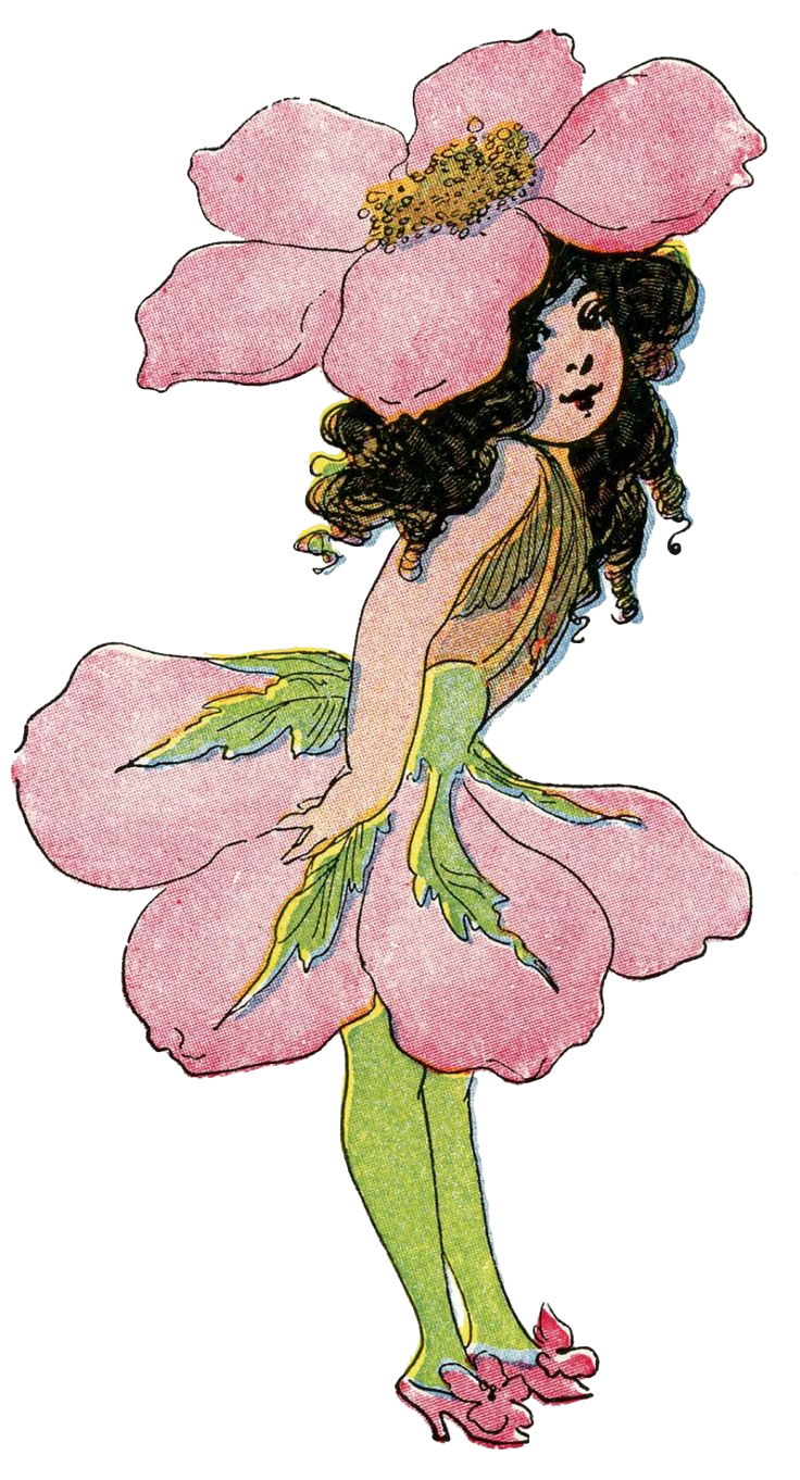 A young girl with black hair wearing a pink flower for a hat and another pink flower for her dress. She is also wearing bright green leggings and pink heels. She is standing playfully, slightly turned to the left.