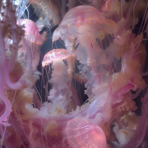 A close-up image of numerous translucent pink jellyfish floating in the ocean.